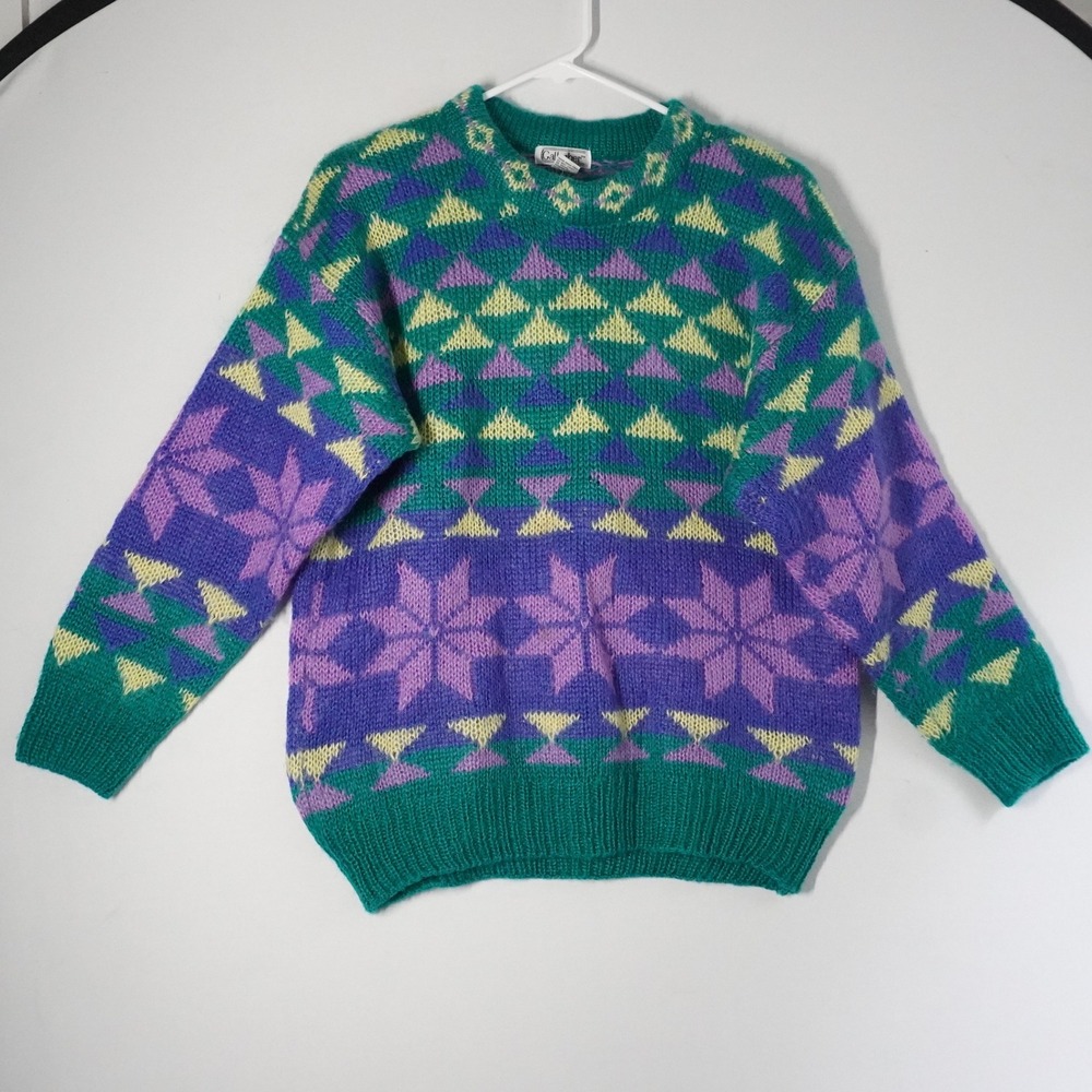 Vintage Gallagher Mohair Blend Sweater Size‎ L Green Purple Novelty Pattern Snow